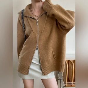 Commense Oversized Collar Zip Up Sweater
